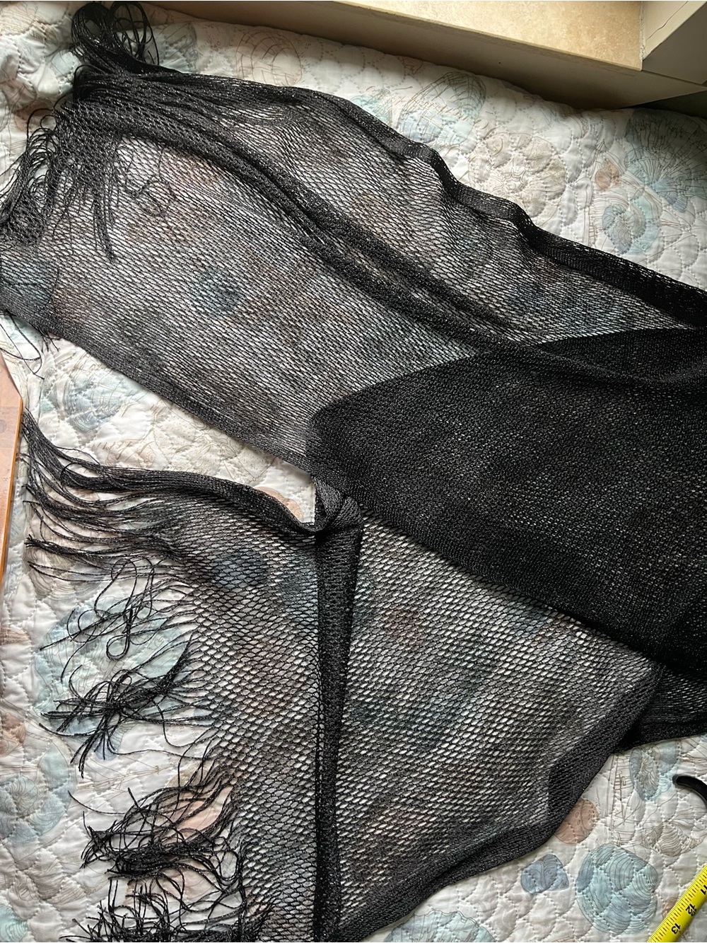 Sheer Black Open-Knit Fringe Wrap